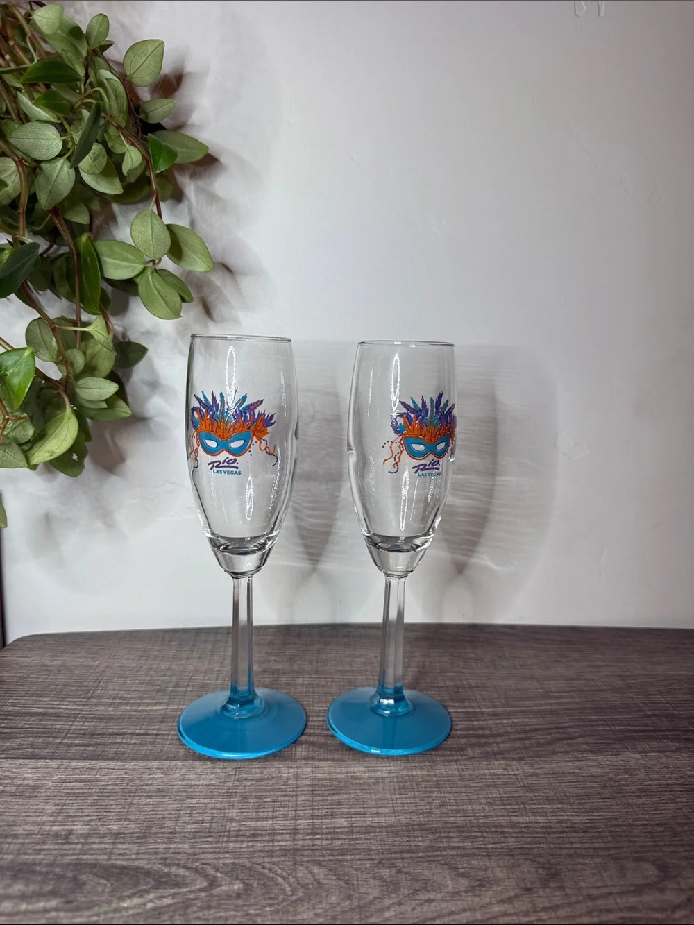 Rio Las Vegas Champagne Flutes Pair Carnival Mask Souvenir Glasses
